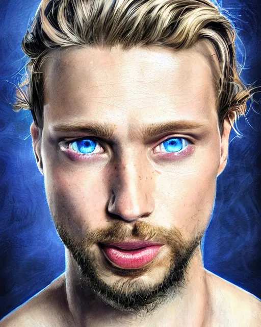 Image similar to portrait of a man in his mid - twenties with dull blue eyes, curly blond hair, short goatee, ultra realistic, epic, highly detailed, hd, sharp focus, cinematic lighting, realistic, dreamy, vivid colors, dreary, morose, matt painting, digital art, non blurry, sharp, artstation, concept art, smooth, comic book style, illustration