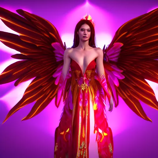 Prompt: a beautiful orchid phoenix angel woman, in an ornamented dress with large wings, octane, unreal engine, volumetric light, god rays, 8 k high resolution, rubies
