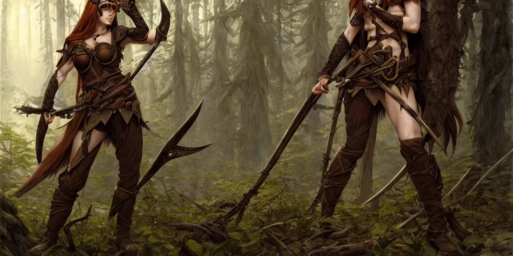 Image similar to wood elf ranger with eye patch with long auburn hair wearing dark brown leather armor using a glaive to battle a stone troll in an ancient, mysterious forest at dusk, fantasy, intricate, elegant, highly detailed, digital painting, artstation, concept art, matte, sharp focus, illustration, art by roberto ferri and greg rutkowski and alphonse mucha