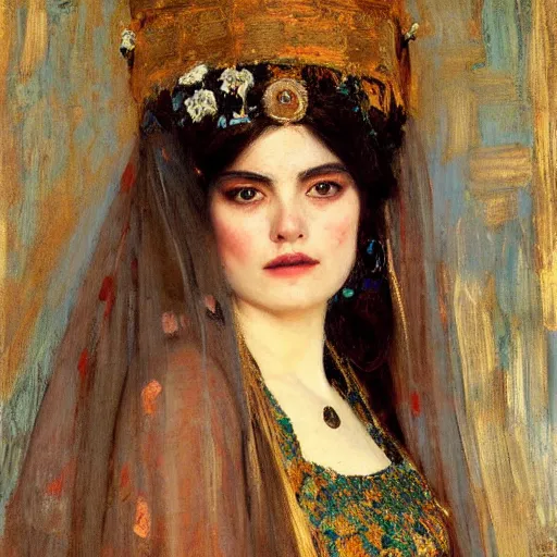 Image similar to Richard Schmid and Jeremy Lipking and Gustav Klimt portrait painting of a young beautiful woman priestess victorian orientalist in elaborate costume