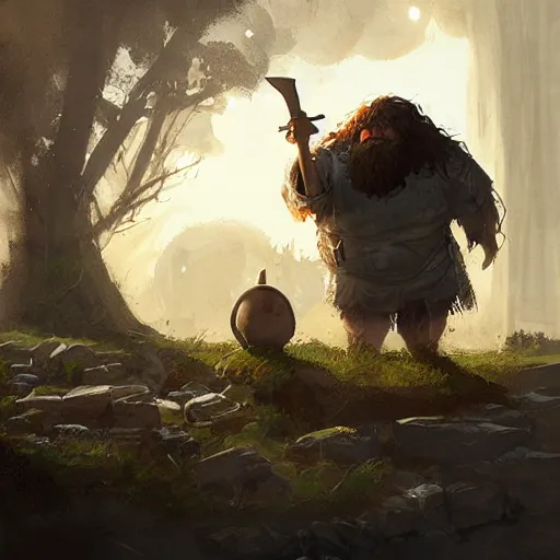 Image similar to gimli meets hagrid, dwarf, giant, character design, greg rutkowski