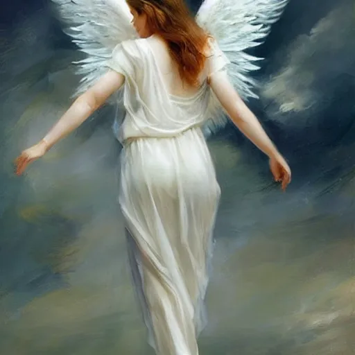 Image similar to a beautiful portrait of an angel with beautiful face and her huge white wings spread out painted by gerhartz, highly detailed, beautiful, back lit, graceful and elegant, ethereal