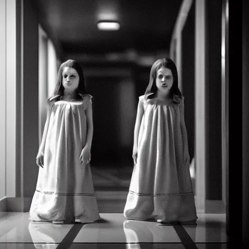 Prompt: twin girls standing at the end of a hotel hallway wearing dresses, 4 k, vintage, scary, scary movie, trending on artstation, uncanny valley