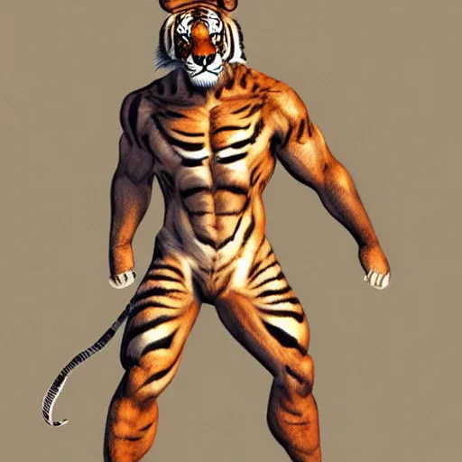 Image similar to A muscular standing tiger posing for the camera, featured on DeviantArt, FurAffinity, furry art, anthro