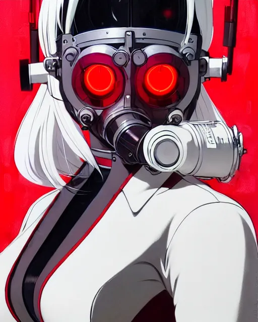 Prompt: white haired cyborg girl wearing gas mask and red dress | | audrey plaza, warframe armor, fine detail!! anime!! realistic shaded lighting!! poster by ilya kuvshinov katsuhiro otomo ghost - in - the - shell, magali villeneuve, artgerm, jeremy lipkin and michael garmash and rob rey