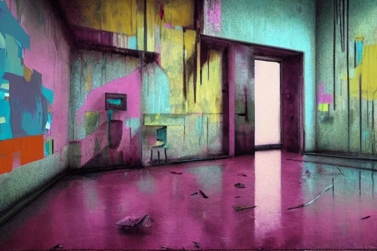 Image similar to abandoned 9 0 s apartment interior, rain like a dream, oil painting, cinematic, overgrown, dramatic, soft volumetric lighting, cyberpunk, basquiat + francis bacon + gustav klimt + beeple, elevated street art, fantasy lut, textural, pink, blue, purple, green,