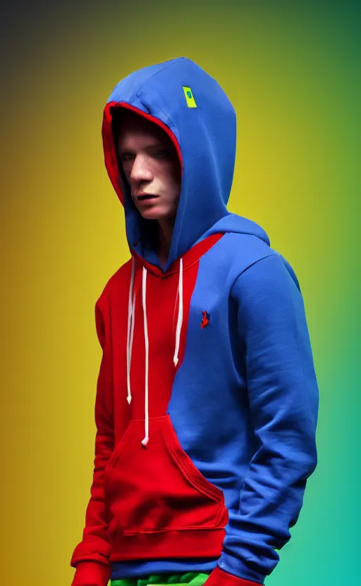 Image similar to red blue hoodie, with model, flex position, yellow and green, trendsetter, fiction, stability, intricate, elegant, 8 k, uhd, justify, artstation, concept art, matte, sharp focus, illustration, consistent, highly detailed object content, proportional object content