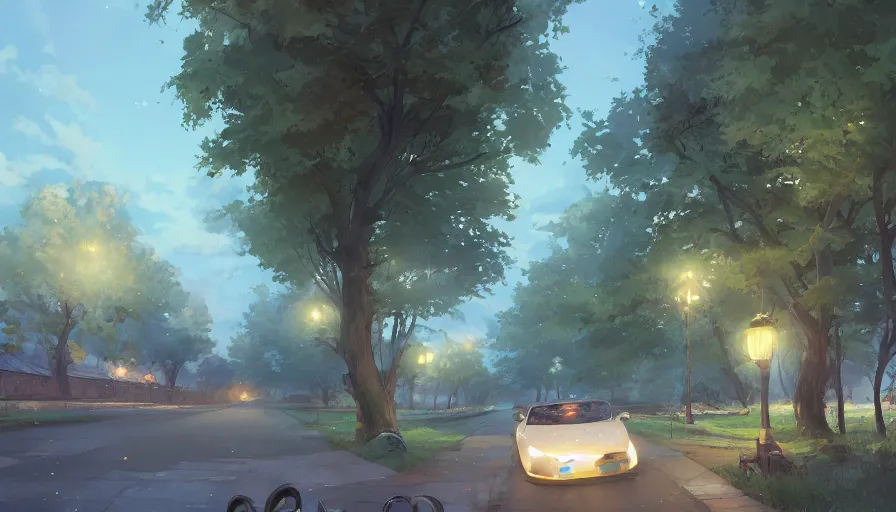 Prompt: a car on a countryside street. Street lamps, trees. By Makoto Shinkai, Stanley Artgerm Lau, WLOP, Rossdraws, James Jean, Andrei Riabovitchev, Marc Simonetti, krenz cushart, Sakimichan, trending on ArtStation, digital art.