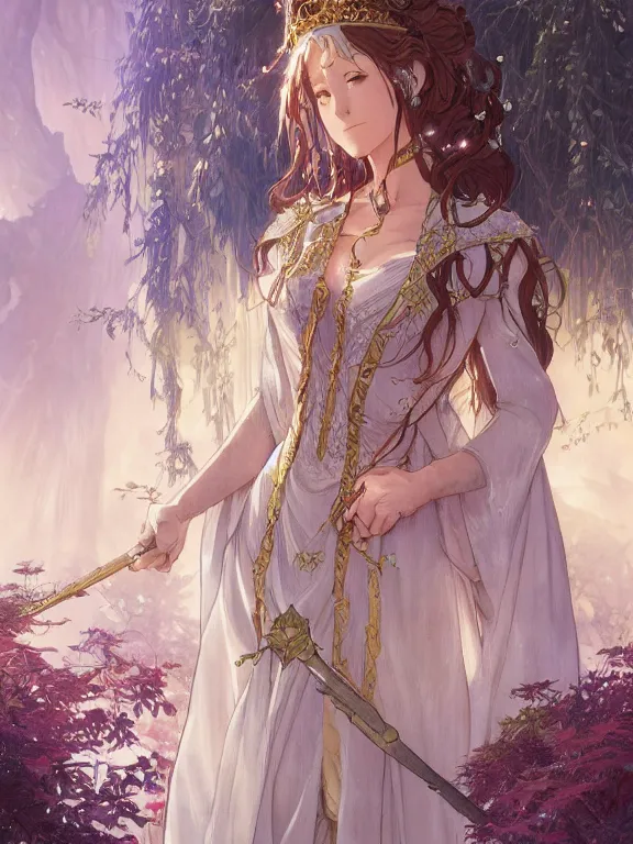 Image similar to anime key visual of amora the enchantress wearing a medieval gown!! intricate, magical forest, stunning, highly detailed, digital painting, artstation, smooth, hard focus, illustration, art by artgerm and greg rutkowski and alphonse mucha