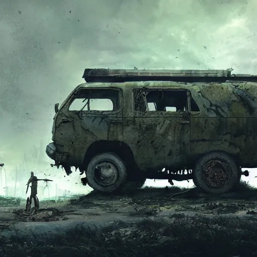 Image similar to mystery machine abandoned, dirty, apocalypse, cinematic, detailed, epic, widescreen, opening, establishing, mattepainting, photorealistic, 4 k, octane render, art by greg rutkowski