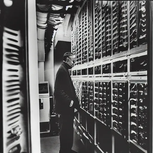 Prompt: underexposed photo of Marcel Duchamp in a machine room full of ancient computers, tri-x, Irving Penn, Jeff Wall, archival pigment print, contemporary art