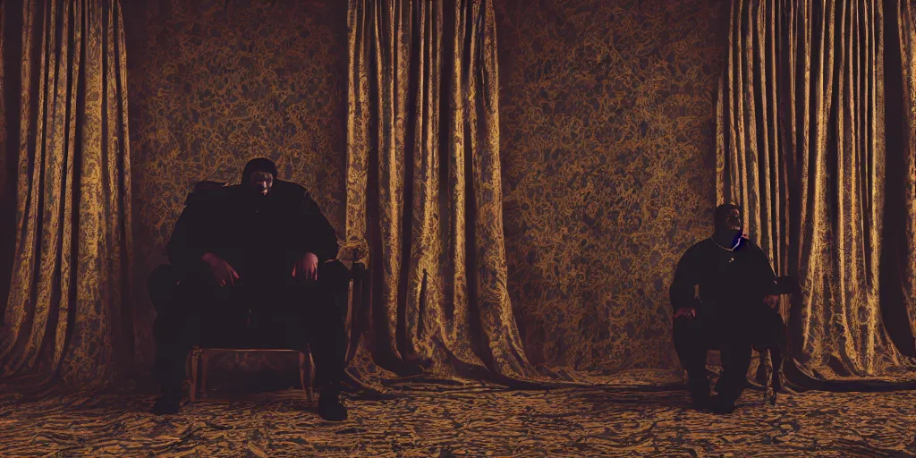 Prompt: photo style of nick fancher, portrait of silhouette of big black man sitting on throne, hazy foggy background and floor made of big curtains