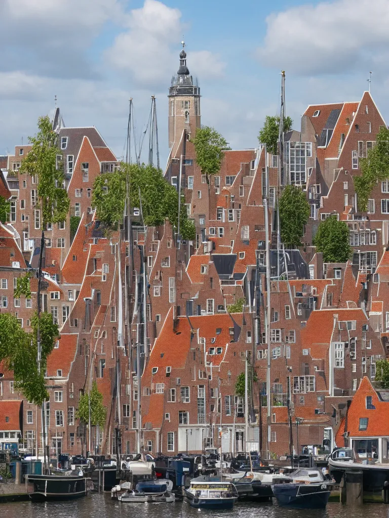 Prompt: A harbour view of de Hoofdtoren in the city of Hoorn in the Netherlands