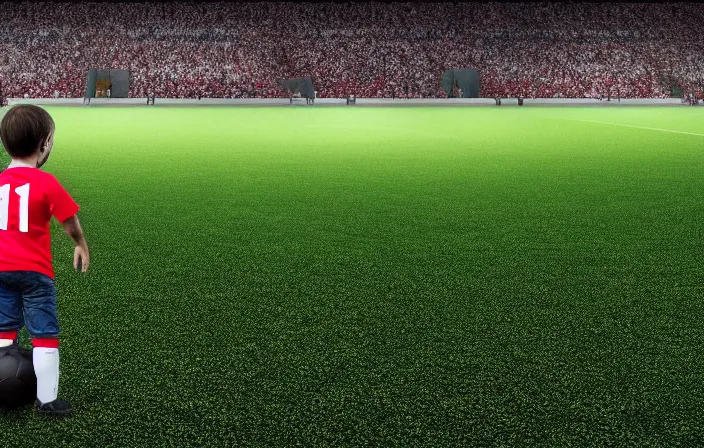 Image similar to a little boy with a soccer ball under his arm as seen from the back stands next to a soccer field and looks hopefully at a full soccer stadium and hopes he can join the first team, diffuse light, octane render