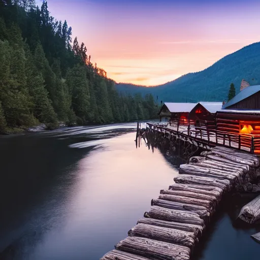 Image similar to DSLR still of a beautiful mountainside river with a pier and a log cabin at sunrise, 4k