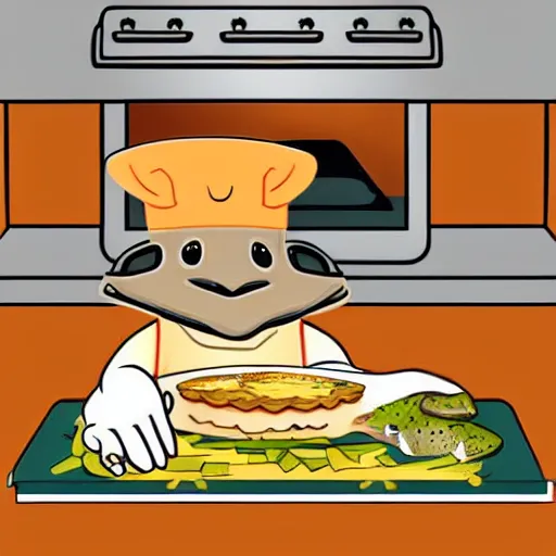 Prompt: comic cute platypus on a kitchen wearing a chef hat and holding a lasagna into an oven, comic style