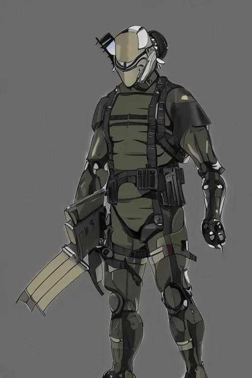 Image similar to robot ninja mask helmet metal gear solid snake pose training suit swat heros chaykin howard and campion pascale and cooke darwyn and davis jack illustration character design concept the phantom pain cosplay sniper wolf