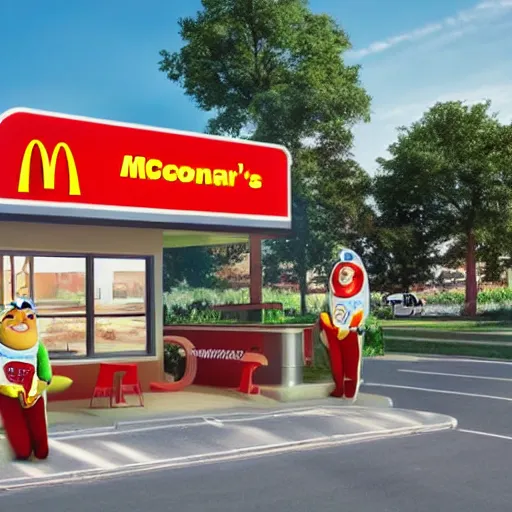 Image similar to commercial ad photo of a mcdonald's drive through in the moon starring lightyear steampunk style