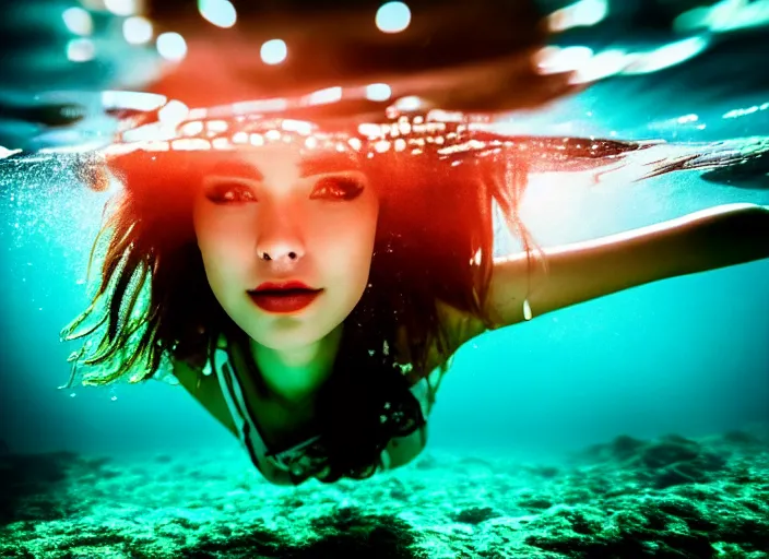 Image similar to under water pretty women, water light scattering, underwater photography, high details, 8 k, realistic shot, cinematic lighting