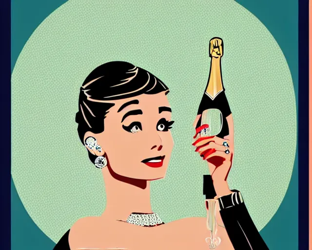 Image similar to teenage audrey hepburn dancing in art deco style, champagne commercial, artstation, illustration, bright, cheerful, detailed and intricate environment