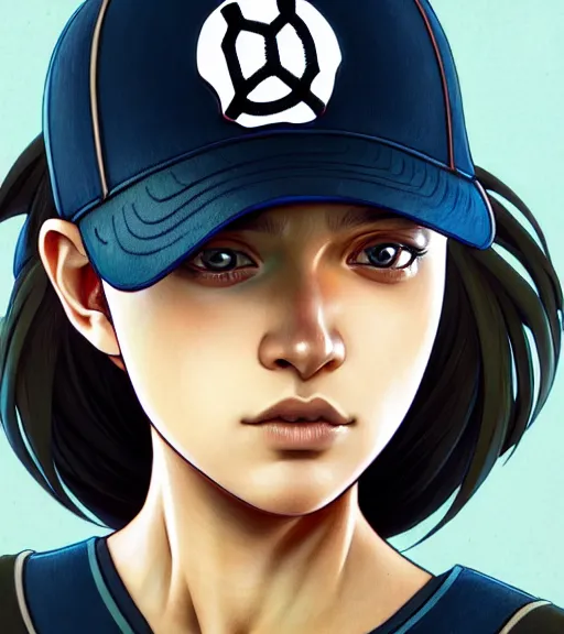 Image similar to symmetry ( clementine from the walking dead wearing her iconic baseball ( letter d ) hat ) ultra detailed, intricate, anime, dynamic lighting, digital art, digital painting, art station, wlop, sharp focus, illustration, art by artgerm and greg rutkowski and alphonse mucha