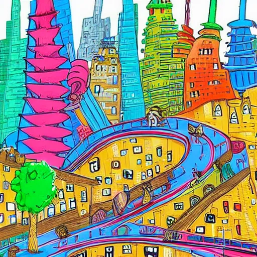 Image similar to colorful city by dr seuss, with towers, bridges, stairs, inhabited by creatures