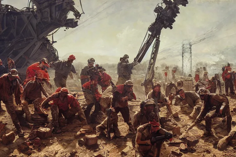 Prompt: intense dramatic still of a ragtag group of miners and factory workers with improvised weapons and firearms and red bandanas around their necks, on the surface of an asteroid, outside of a high tech scifi industrial building, oil painting by charles frederic ulrich, pablo olivera, normal rockwell, greg rutkowski, trending on artstation, incredible detail