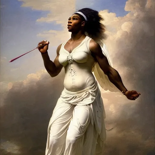 Image similar to Full body Portrait of Serena Williams as Nike Goddess, large wings, luxuriant, dreamy, eternity, romantic, strong pose, highly detailed, in the style of Franz Xaver Winterhalter, highly detailed, in the style of Aetherpunk