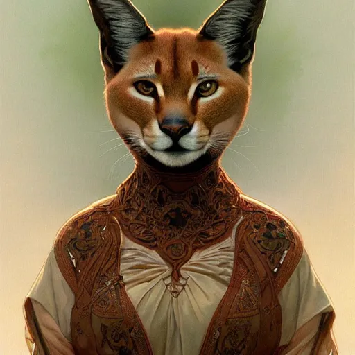 Image similar to portrait of a cute caracal, full body, intricate, elegant, highly detailed, digital painting, artstation, concept art, smooth, sharp focus, illustration, art by artgerm and greg rutkowski and alphonse mucha and william - adolphe bouguereau