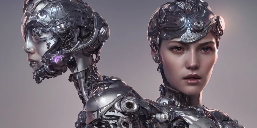 Image similar to ultra realistic, beautiful cyborg woman, sci-fi, fantasy, mythical, intricate, elegant, highly detailed, digital painting, octane render, substance painter, zbrush, artstation, concept art, smooth, sharp focus, eerie, illustration, 8k, HD, art by artgerm and greg rutkowski and raphael