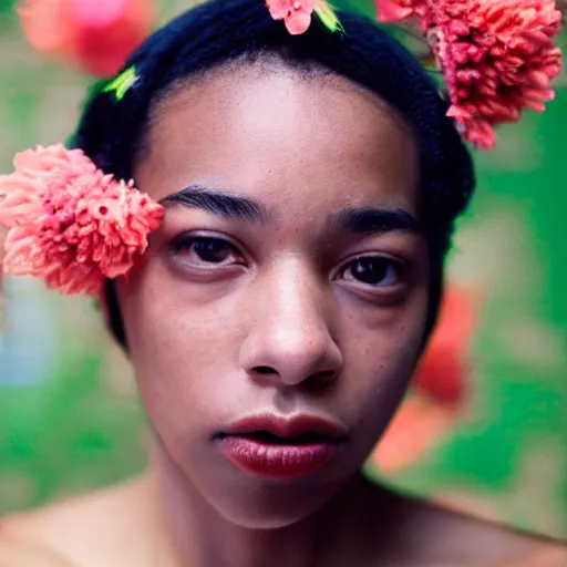 Prompt: extra close-up, color film photography, portrait of a beautiful woman with flowers on her head, in style of Tyler Mitchell, 35mm, film photo