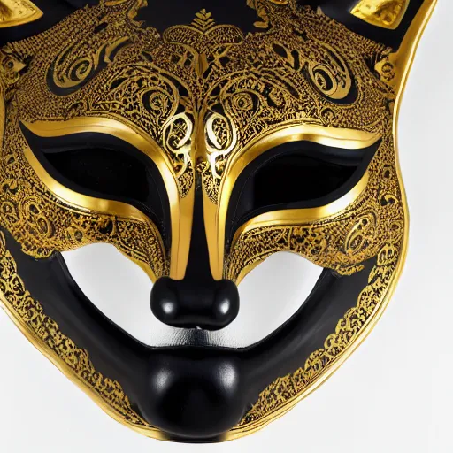 Image similar to an ornate fox mask, detailed with white and gold filagree and goldleaf decorative elements, sitting on a desk, painstaking detail, black lacquer, glossy shiny reflective, splashed with graffiti art