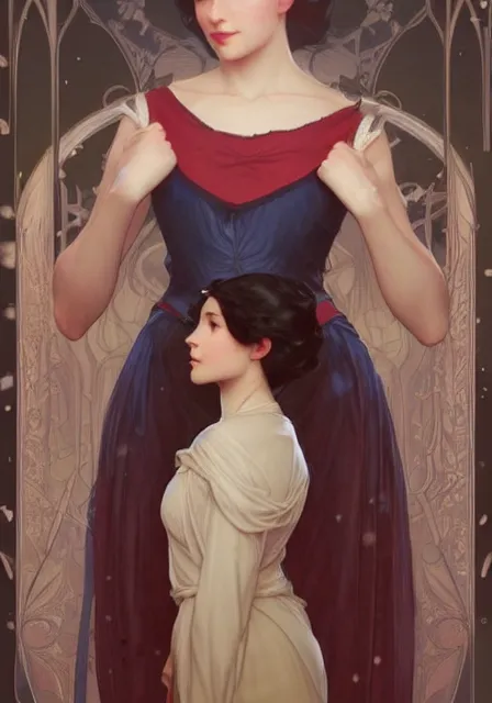 Image similar to snow white, intricate, elegant, highly detailed, digital painting, artstation, concept art, smooth, sharp focus, illustration, art by artgerm and greg rutkowski and alphonse mucha and william - adolphe bouguereau