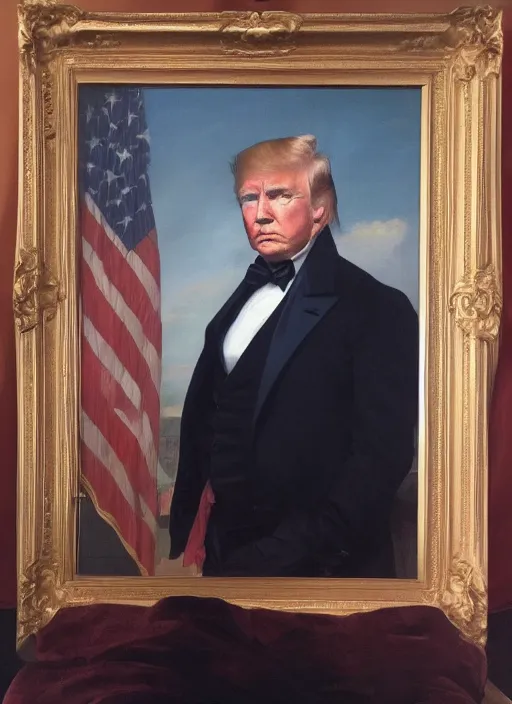 Image similar to portrait of the united states president, 1 8 6 7, donald trump. standing in the oval office. oil on canvas by william sidney mount, trending on artstation