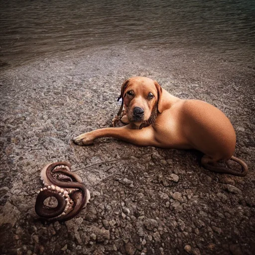 Image similar to dog in the shape of an octopus, hyper real, nature photography