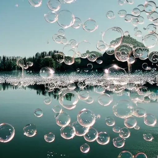 Prompt: a beautiful building made up of a lot of white soap bubbles is on the quiet lake