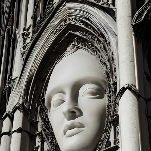 Prompt: architectural shot, no decaying lines, alabaster gothic cathedral, gothic black opal skin woman, macro head face