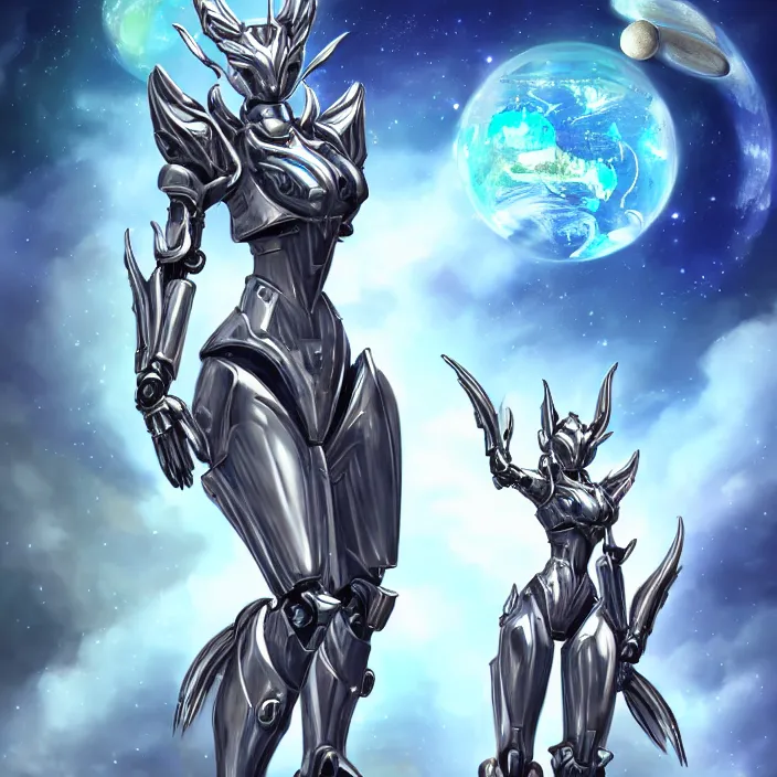 Image similar to goddess shot, galactic sized stunning beautiful anthropomorphic robot mecha female dragon, in space, larger than planets, posing elegantly, the earth a mere marble in her claws, detailed silver armor, epic proportions, epic scale, detailed digital art, ultra detailed, furry art, macro art, dragon art, giantess, warframe fanart, furaffinity, deviantart, realistic