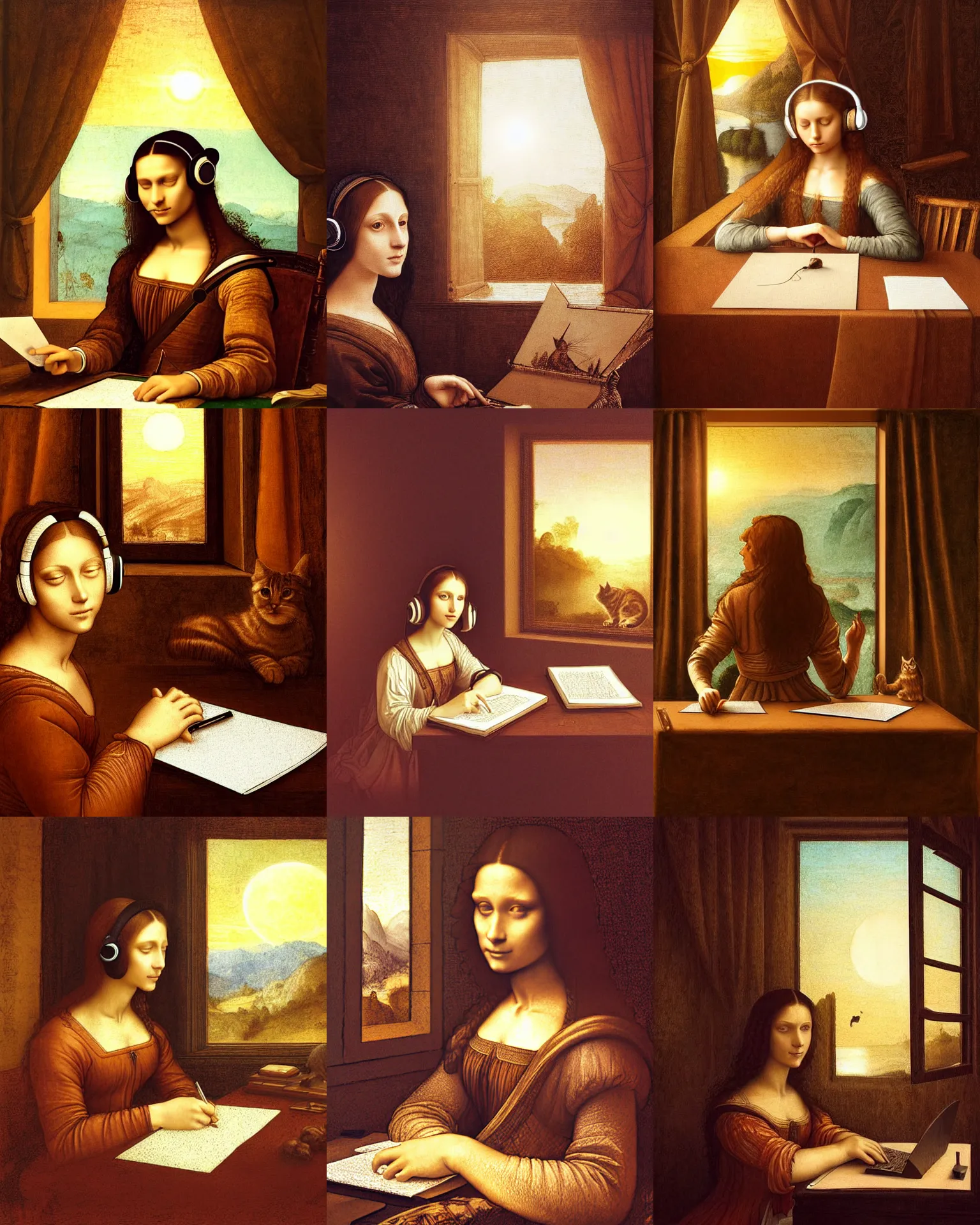 Prompt: Portrait of a long brown haired elegant woman with headphones in a warm glowing scenery writing on paper by leonardo da vinci, sunset, cat on desk, next to window in room, natural light beam, fantasy, intricate sparkling atmosphere, artstation, fine art, artgerm