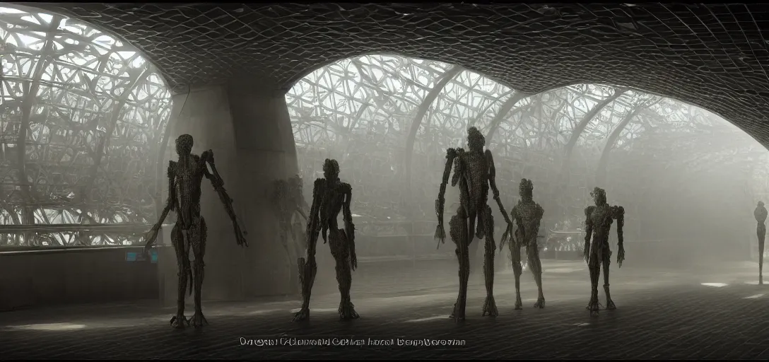 Prompt: a complex organic fractal 3 d metallic symbiotic ceramic humanoid megastructure creature in a train station, foggy, sun rays, cinematic shot, photo still from movie by denis villeneuve, wayne barlowe