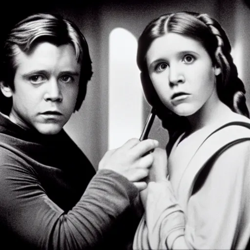 Image similar to film still of carrie fisher and mark hamill as children in new star wars movie, dramatic lighting, highly detailed face, kodak film, wide angle shot,