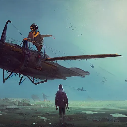 Image similar to a young pilot next to his crashed plane, steampunk, an epic fantasy, dramatic lighting, cinematic, establishing shot, extremely high detail, photorealistic, cinematic lighting, artstation, by simon stalenhag, christopher nolan