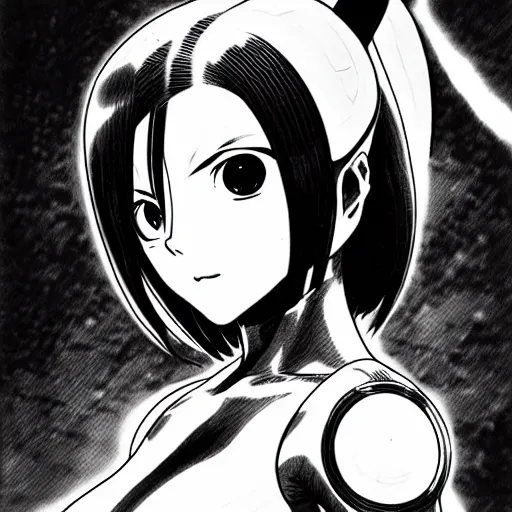 Image similar to alita by yukito kishiro. medium shot. black and white manga. pencil drawing.