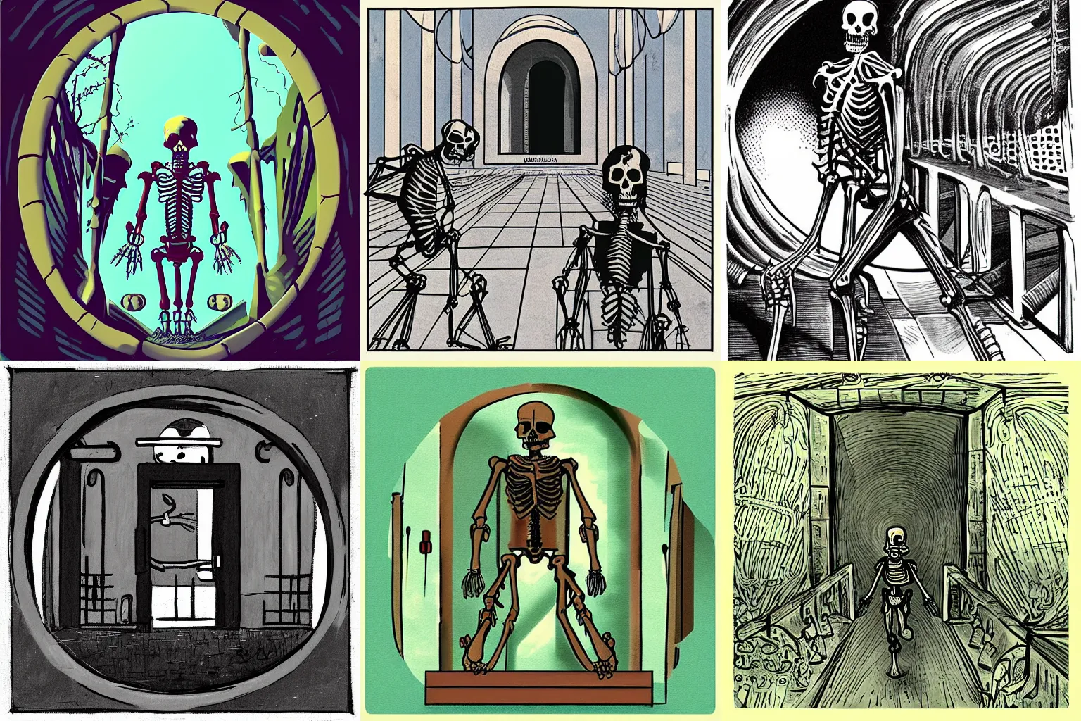 Prompt: “multiverse portal with a brute skeleton walking through it in 1950s art style”