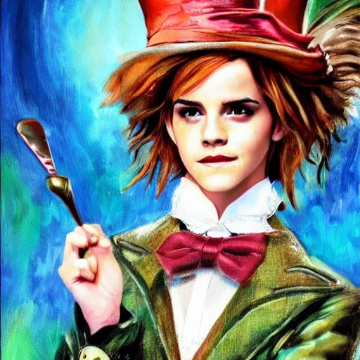 Image similar to beautiful emma watson cosplay as The Mad Hatter from Alice in wonderland, oil painting, full body.