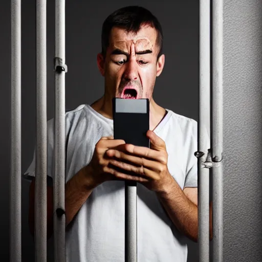 Image similar to angry prisoner alone in his cell setting up a video call using an ipad, photorealistic, frustrated expression, dark