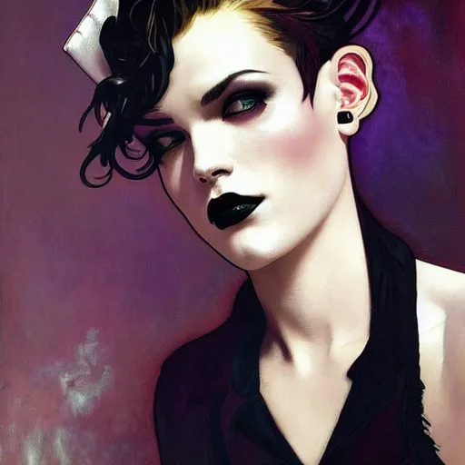 Image similar to beautiful portrait of androgynous ruby rose as desire from sandman in a white tuxedo!!!, rockabilly style, by alphonse mucha, cedric peyravernay, by jeremy mann, by frank moth, white suit and black tie, soft lightning, high detailed, 8 k