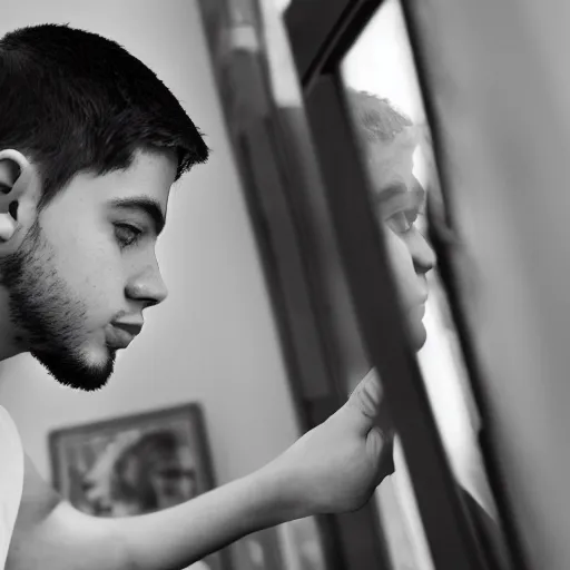 Image similar to a young man looks at an old reflection of himself