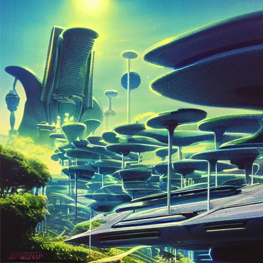 Prompt: beautiful matte painting album cover art of green gardens with roads on a futuristic sci-fi space station, cinematic angle, cinematic lighting, blue sky, by Syd Mead, John Harris, Federico Pelat