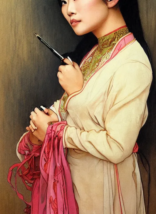 Prompt: a painting of a beautiful 35 year old Asian woman with tanned skin and traditional dress with long sleeves that cover one hand. She is holding a pen and her expression is stern and piecing. by Artgerm and Greg Rutkowski and Alphonse Mucha, dramatic studio lighting